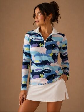 SanSoleil Golf Course Print Quarter Zip UV50 Sun Shirt Women's Small